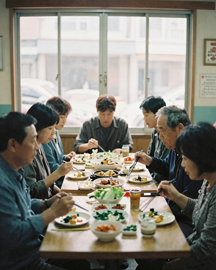 Documentary photograph of a small group of middle-aged friends sh