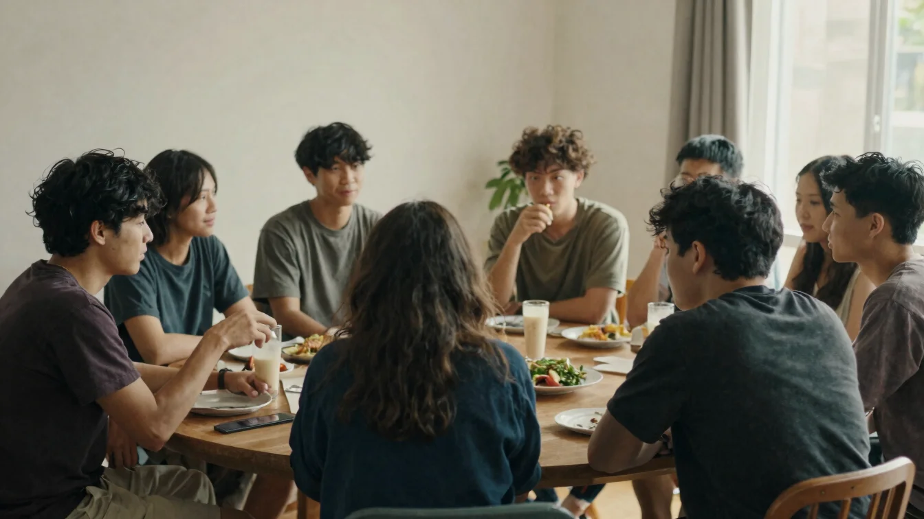Documentary still of a group of friends at a casual gathering, so