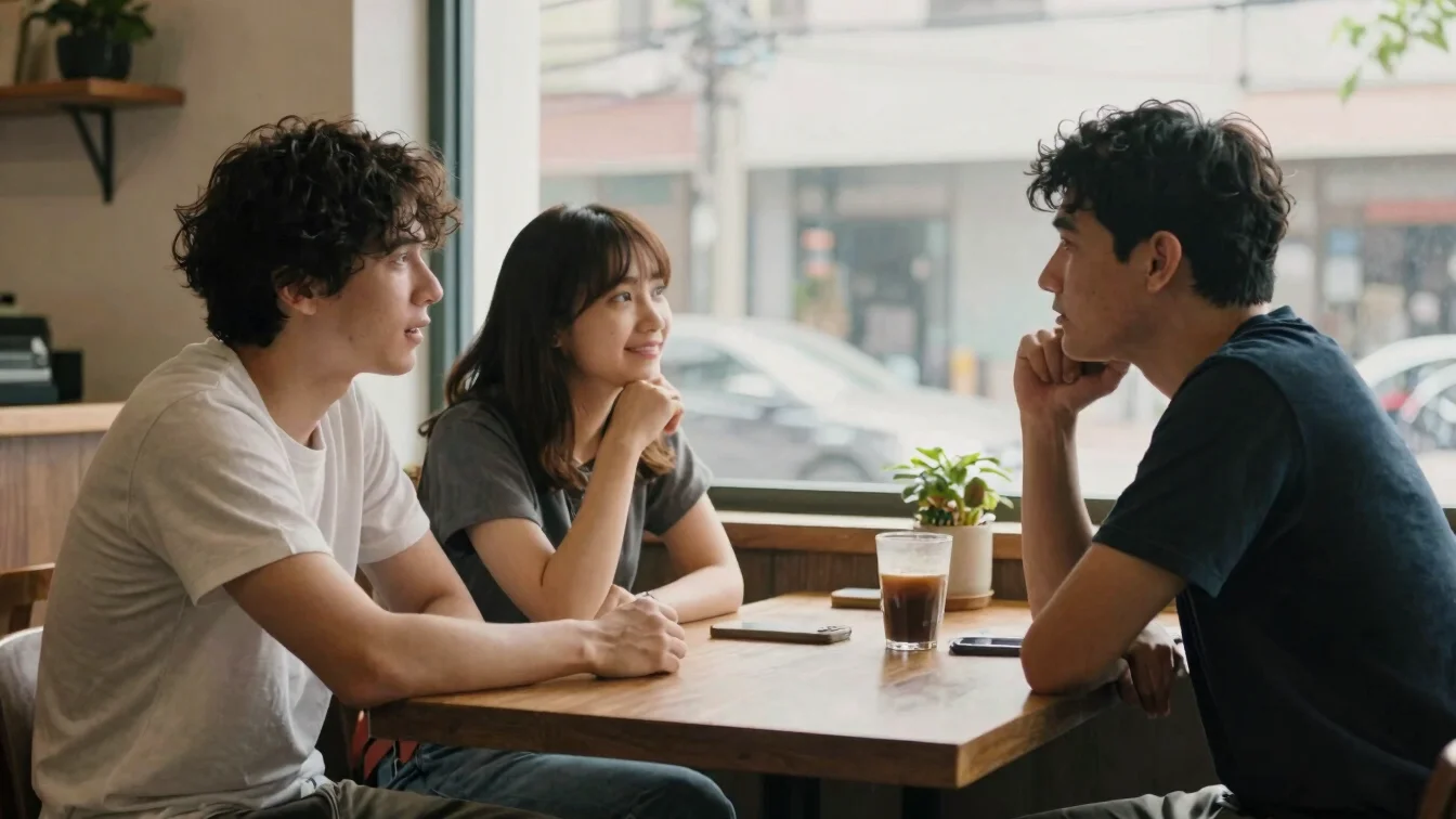 Candid documentary photo of two people talking across a wooden ta