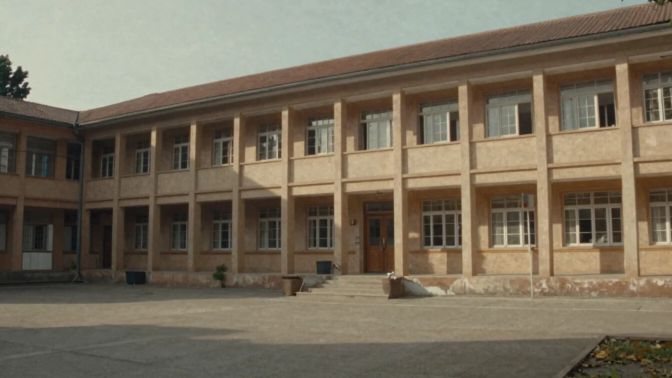 Documentary still of an old school building exterior and courtyar