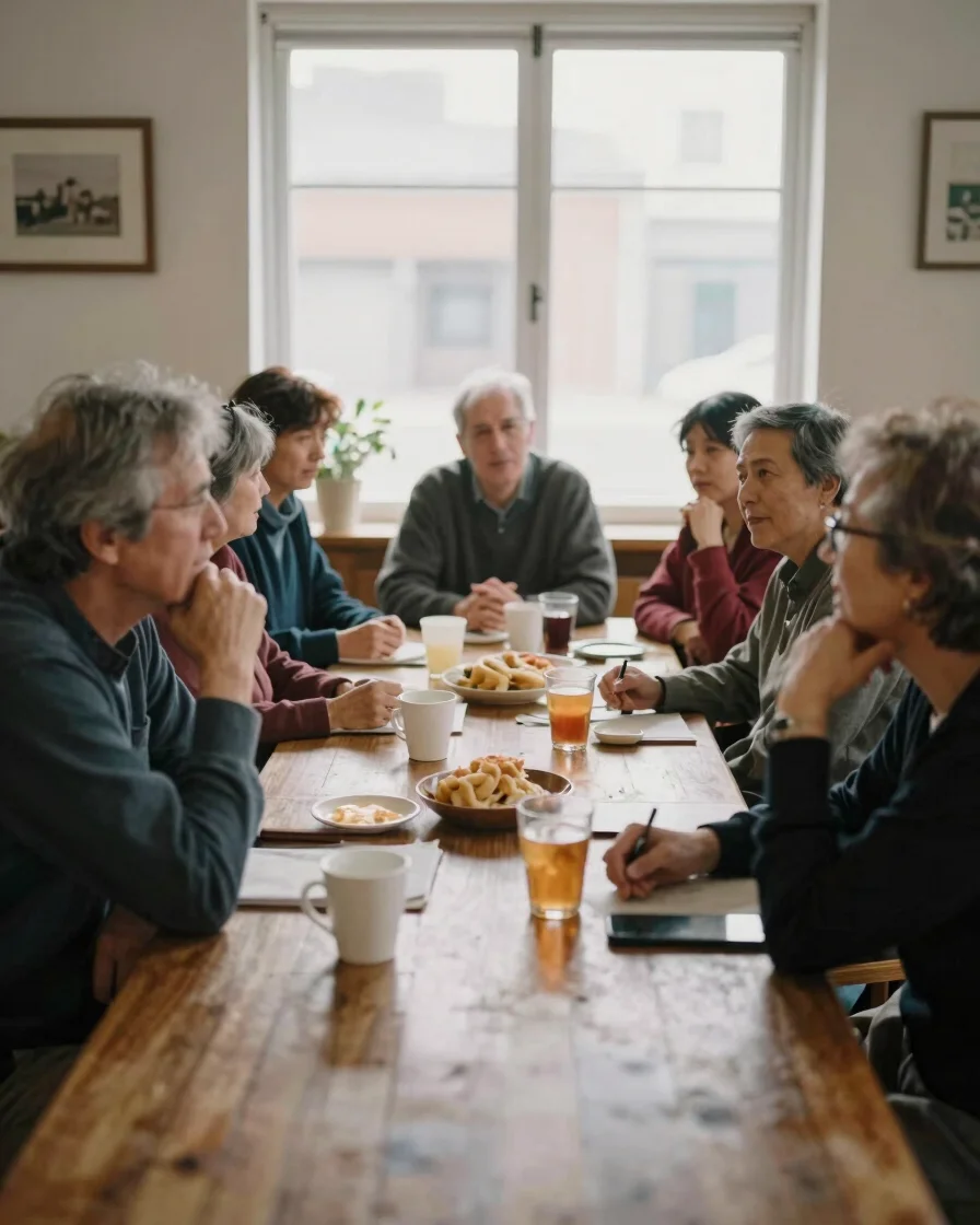Documentary photograph of a small group of middle-aged former cla