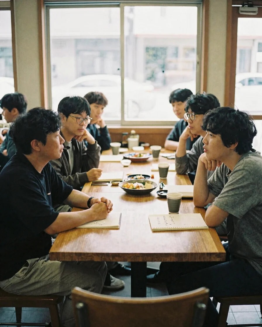 Documentary photograph of a small group of former classmates gath