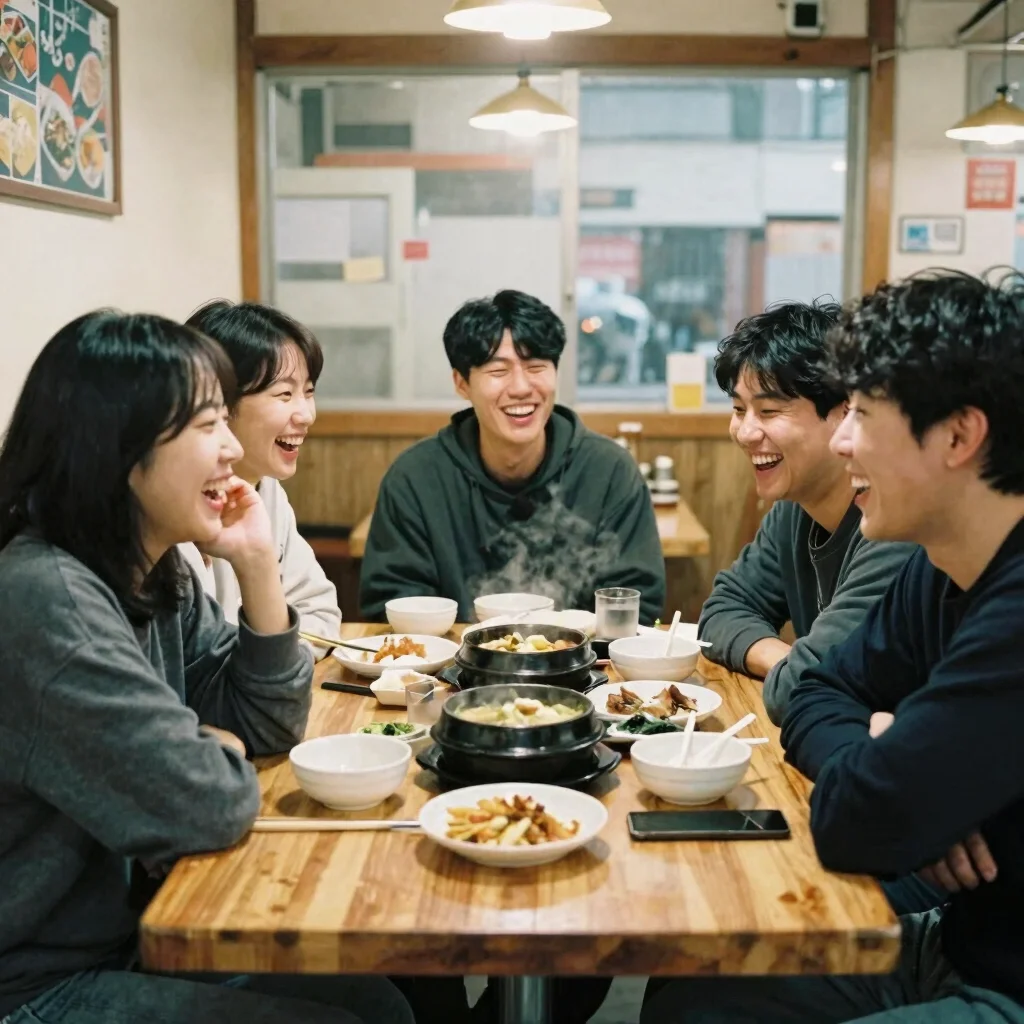 Candid documentary photo of friends laughing around a wooden table at a neighborhood Korean restaurant, warm practical l