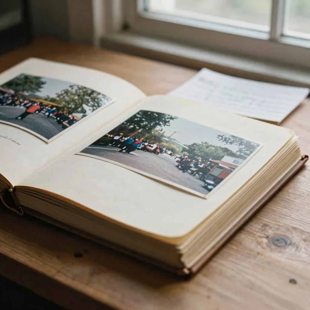 Close-up detail of an old photo album and a handwritten note on a wooden desk, soft window light, warm muted tones, docu