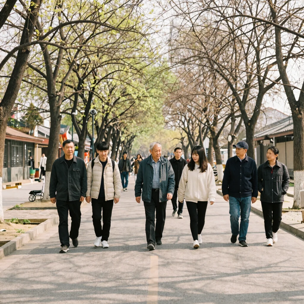 Wide candid shot of a group walking along a tree-lined street in spring, natural light, warm film colors, environmental