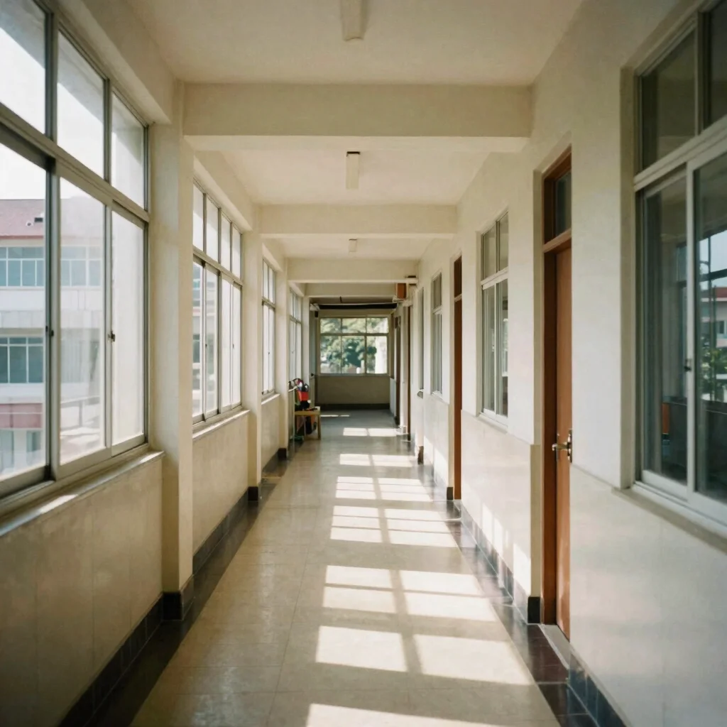 Documentary image of a school hallway with sunlight through windows, quiet atmosphere, warm analog tones, 35mm perspecti
