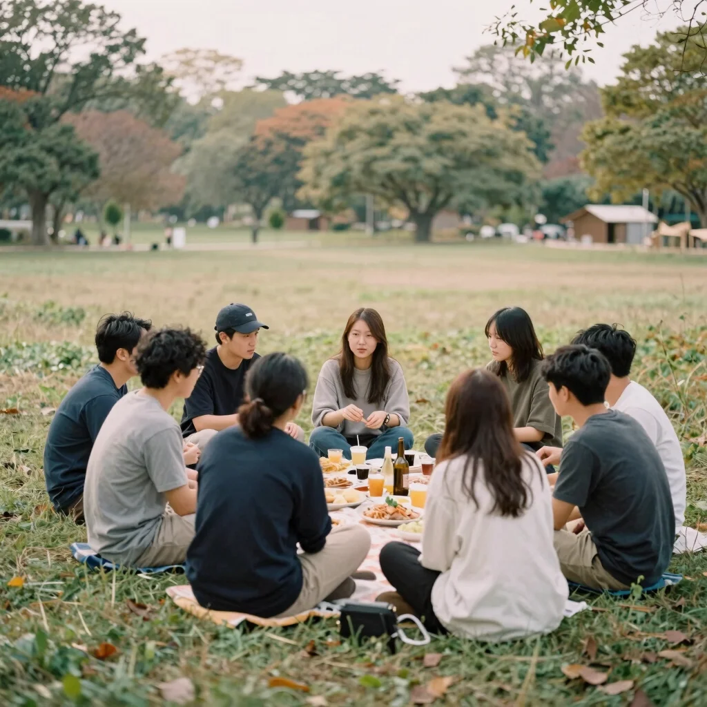 Candid photo of an outdoor picnic gathering on a grass field in early autumn, soft natural light, unposed group moment,