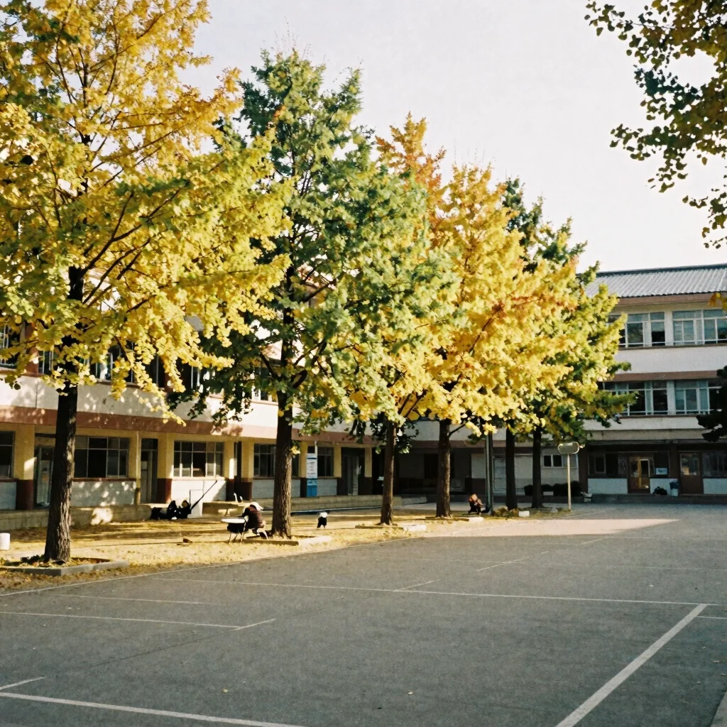 Documentary snapshot of a Korean school courtyard lined with ginkgo trees in autumn, soft natural daylight, warm analog